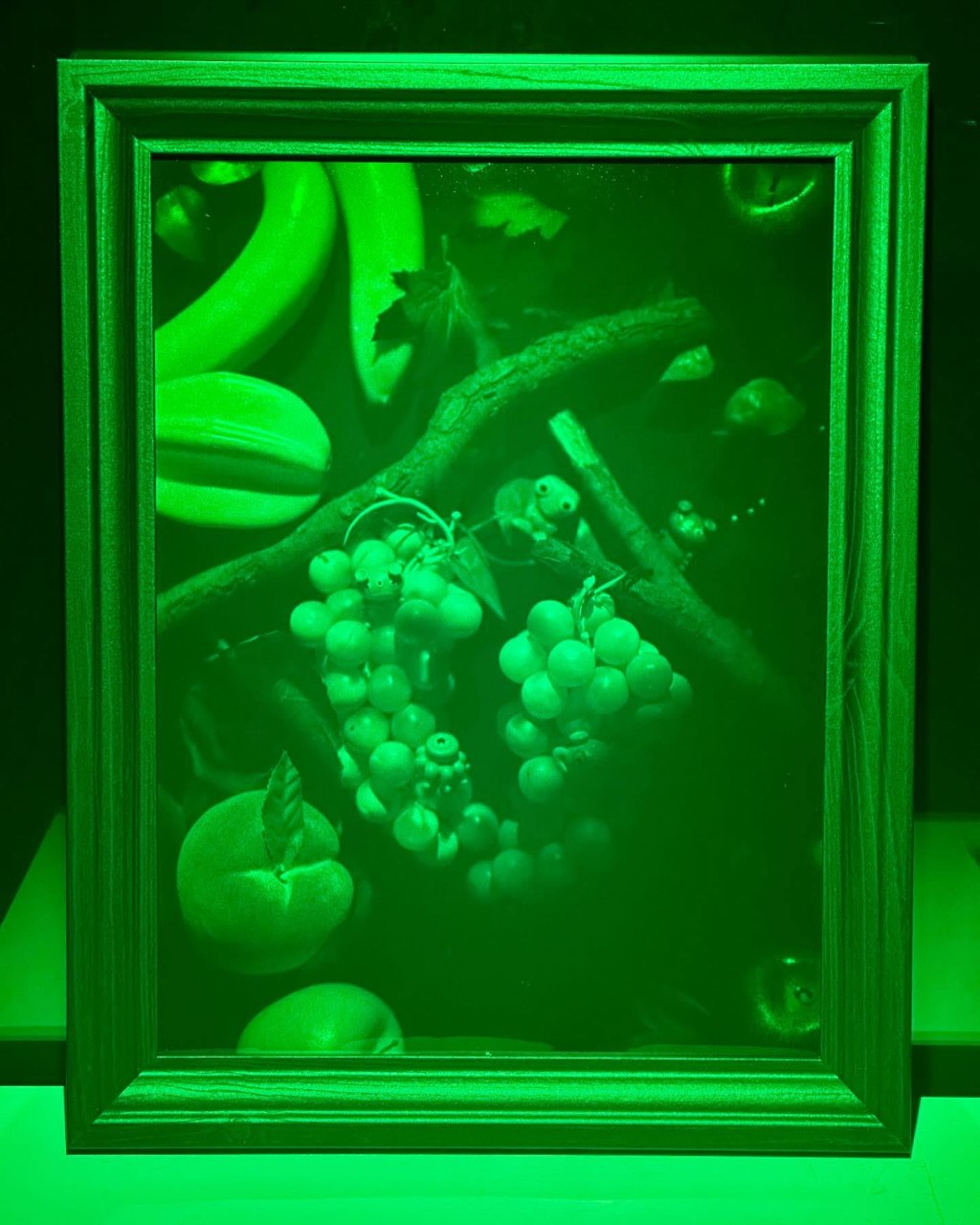 Green framed hologram of grapes, fruit and branches